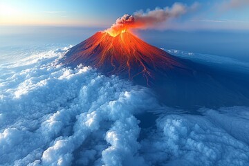 Majestic volcano erupts over clouds, casting fiery glow at sunset
