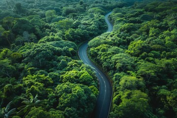 Winding road through lush green jungle surrounded by vibrant trees on a clear day
