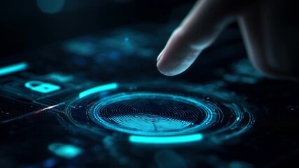 Finger touching futuristic biometric fingerprint scanner on glowing blue digital interface for security access - Powered by Adobe
