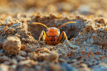 Large orange ant emerges from its burrow in sandy terrain under sunlight during the day