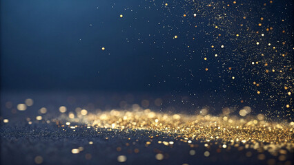 A minimalist dark navy background with subtle gold dust and glitter, elegant luxurious mood, soft gradient, high resolution