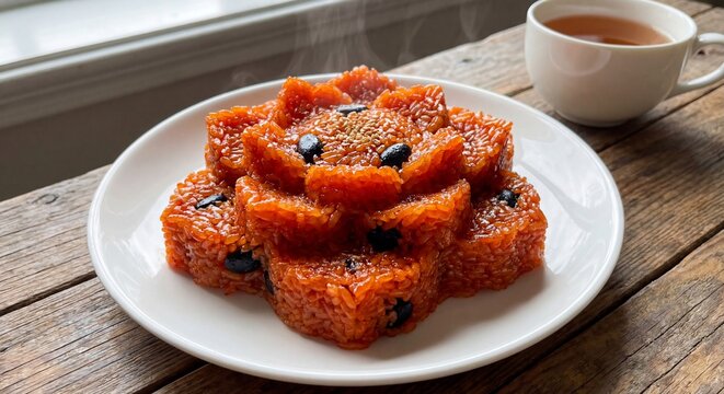 Plate of vietnamese red sticky rice xoi gac molded in flower shape with black beans steaming hot tet holiday food.