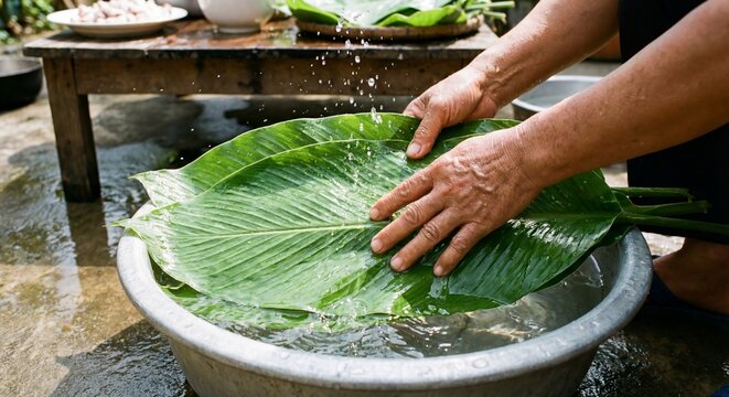 Close up hands washing green phrynium dong leaves in water basin preparing for wrapping banh chung cake tet holiday