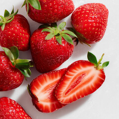 AI-generated image - A vibrant, overhead shot of fresh, ripe red strawberries with green leaves and one cut in half, presented on a clean white background. 