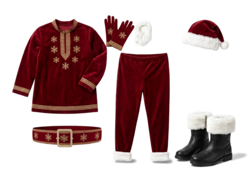 Complete Santa Claus costume set with red velvet coat, pants, hat, gloves, belt, and fur-trimmed boots isolated on transparent background - Powered by Adobe