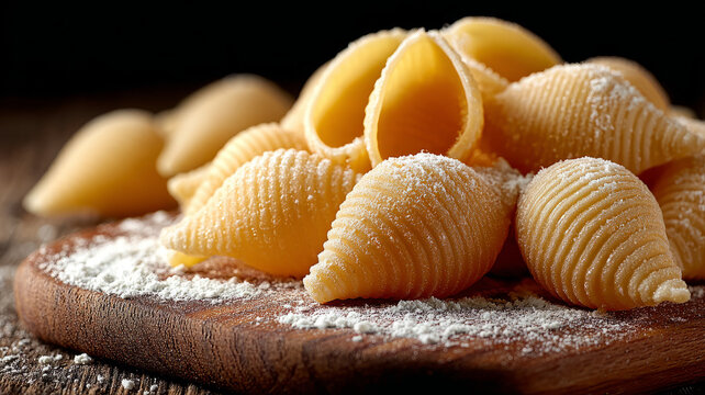 Uncooked conchiglie pasta on wooden board with flour dusting.