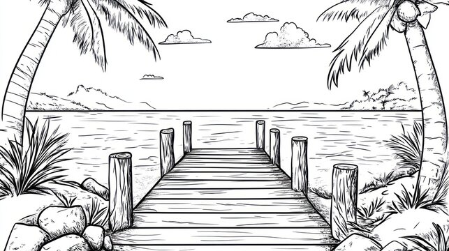 Hand-drawn tropical dock scene
