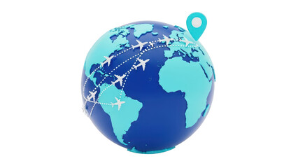Fototapeta premium 3d rendering of a blue and cyan globe showing international flight routes and a location pin marker, isolated on transparent background