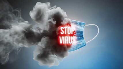 Medical face mask with Stop Virus text shielding against smoke and coronavirus particles. 3D animation of pandemic protection concept - Powered by Adobe
