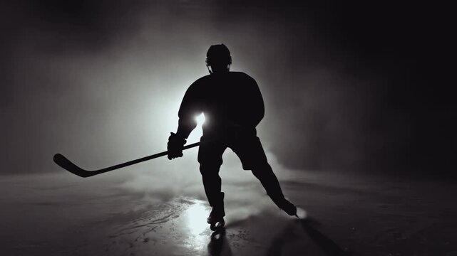 Silhouette of an ice hockey player skating on a dark foggy rink. Athlete in full gear gliding towards the camera with dramatic backlighting. Sports training concept