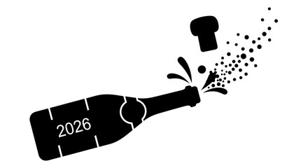 Celebratory champagne bottle popping with the year 2026 on the label.