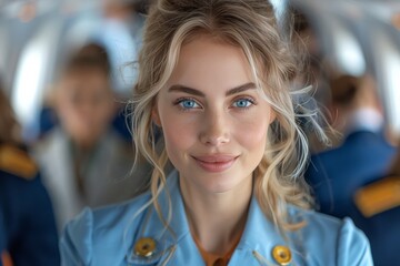 Airline crew member smiles warmly in the cabin during a flight, showcasing professionalism and hospitality