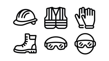 A collection of safety equipment icons including a hard hat vest gloves boots and safety glasses icon set