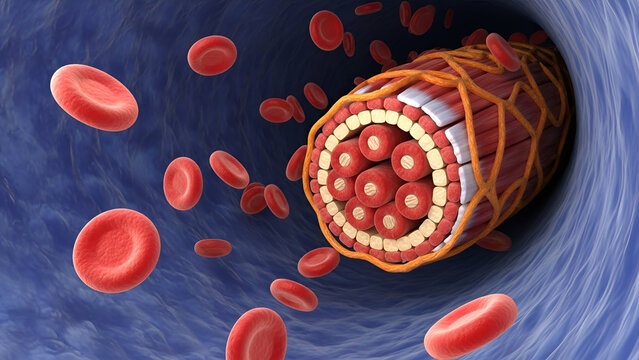 Cross section of blood clot with red blood cells flowing in blue blood vessel image