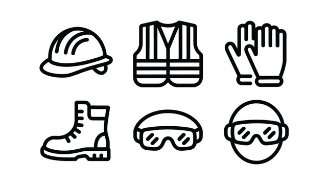 A collection of safety equipment icons including a hard hat vest gloves boots and safety glasses icon set