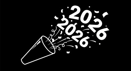 A black and white graphic of a party popper with the year 2026 coming out of it.