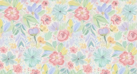 Soft pastel floral pattern featuring delicate spring blossoms and lush greenery for decor and design