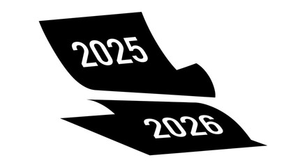 Illustration of two pages with the years 2025 and 2026 printed on them, in black and white.