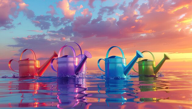 Colorful watering cans float on rippling water during a vibrant sunset with dramatic clouds reflected in the ocean