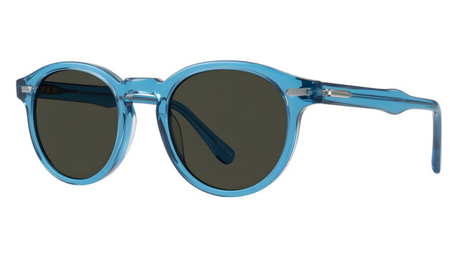 Blue acetate round frame sunglasses with dark lenses