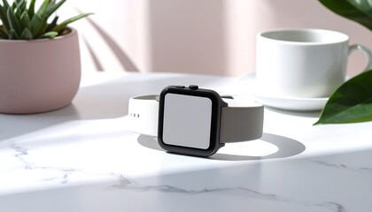 Modern smartwatch on a marble surface with a coffee mug and plant in the background
