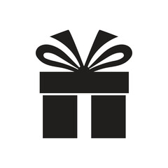 Black Gift Box Icon – Simple Minimalist Present Symbol with Ribbon Bow for Holiday, Birthday. Vector Christmas Box.