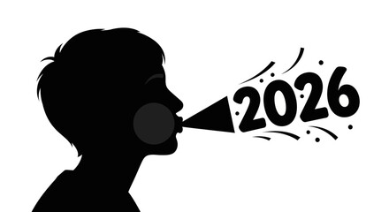 Silhouette of a person blowing a party horn with the year 2026 coming out.