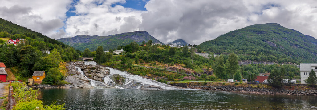 Large panoramic view of the Waterfall in Hellesylt. North Norway