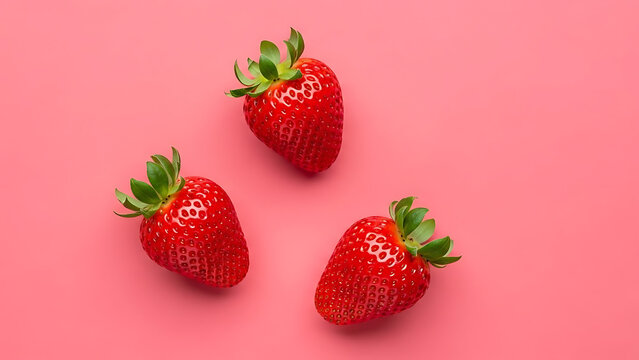 Three ripe strawberries with green leaves arranged on a vibrant pink background, top-down view. - Powered by Adobe