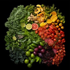 Colorful array of fruits and vegetables against a black background