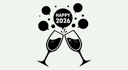 Happy 2026 New Year celebration with two champagne glasses toasting.