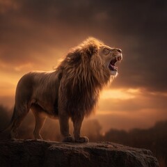 Lion standing on a rock with mouth open and sunset in the background