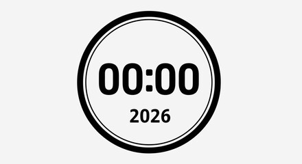 A digital clock face showing 00:00 and the year 2026 inside a circular border on a white background.