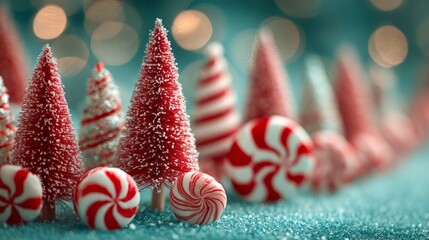 Mini Christmas trees with red ornaments and candy canes