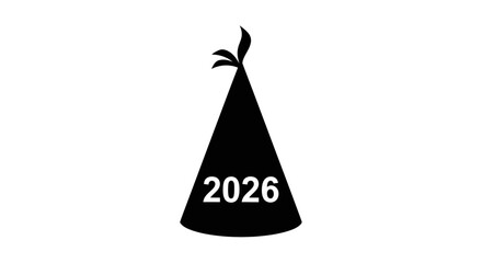 A black party hat with the year 2026 printed on it, symbolizing a future celebration.
