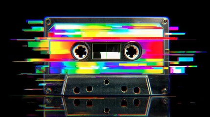 Retro cassette tape with colorful glitch effect
