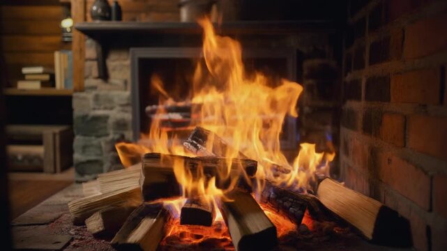 Close-up of Burning Logs in a Brick Fireplace with Vibrant Orange Flames Keywords: fireplace, fire, burning logs, wood, flames, heat