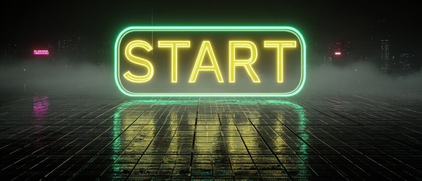 Glowing neon START sign on futuristic city grid