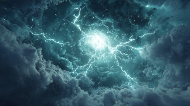 Dramatic lightning storm inside turbulent teal clouds