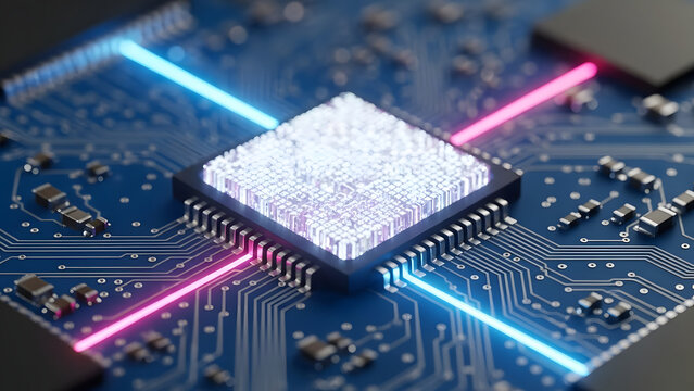 electronic circuit board with processor. Futuristic High Tech Circuit Board with Microchip and Neon Glow