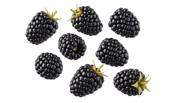 Fresh and Ripe Blackberries Scattered on a White Background - Healthy and Delicious Fruit