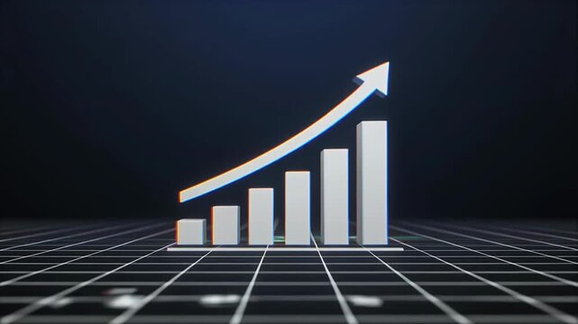 A 3D bar graph with a white arrow indicating upward growth against a dark background with a grid.