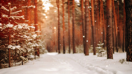 Fototapeta premium Realistic winter forest with snow-covered pine trees, warm golden hour light, gentle falling snow