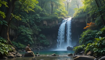 Majestic Waterfall Cascading Through Lush Green Forest in Serene Natural Landscape