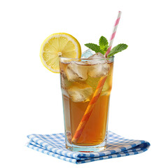 Fototapeta premium Refreshing Iced Tea with Lemon and Mint on Checkered Napkin
