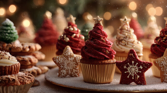 Festive holiday cupcakes and cookies adorned with stars and trees, perfect for Christmas celebrations. - Powered by Adobe