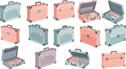 Colorful Vintage Suitcases in Different Angles and Open Cases on White Background
