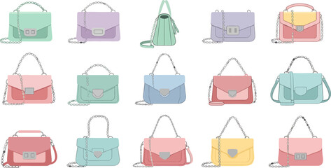 Collection of Colorful Fashion Handbags with Chain Straps on White Background