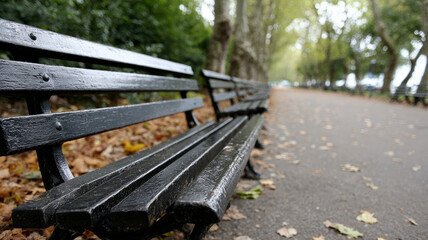 Wooden bench on leafy park path under trees in autumn.