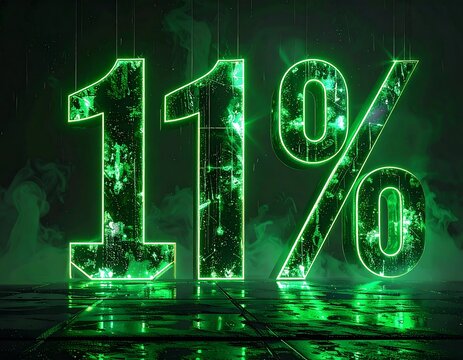 Neon green glowing "11%" floating. Digitally-rendered with a textured, futuristic look. Smokey background and a reflective floor